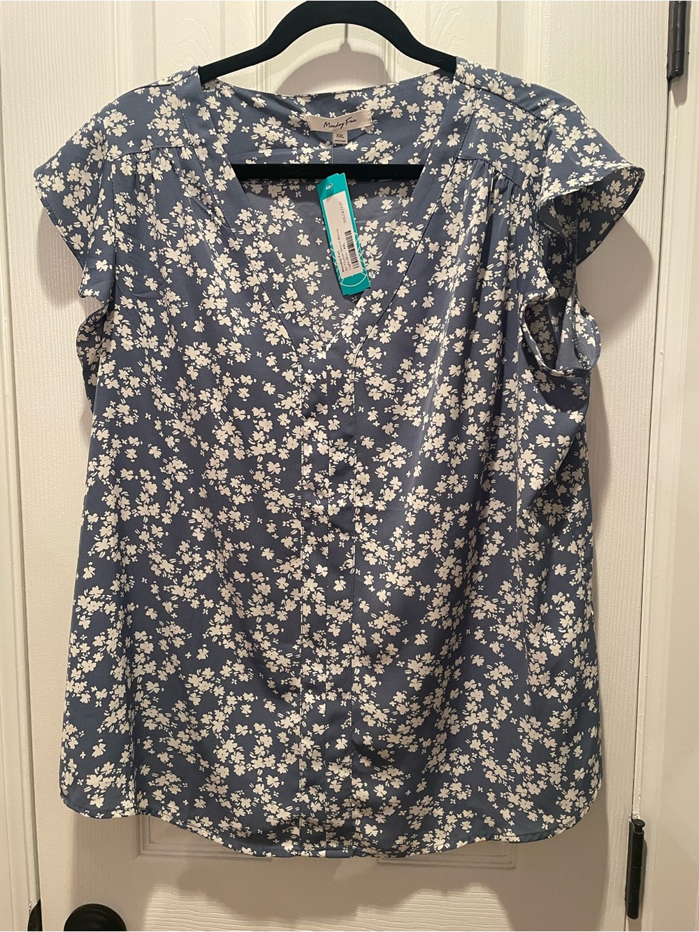 Blue Floral V-Neck Cap Sleeve Blouse